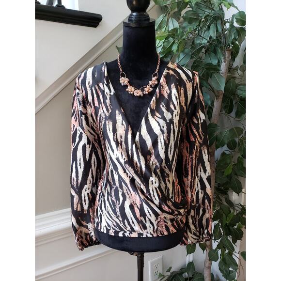 KAII Top Blouse Womens XL Black Beige Leopard Print Surplice V Neck Tie Back - Picture 1 of 12
